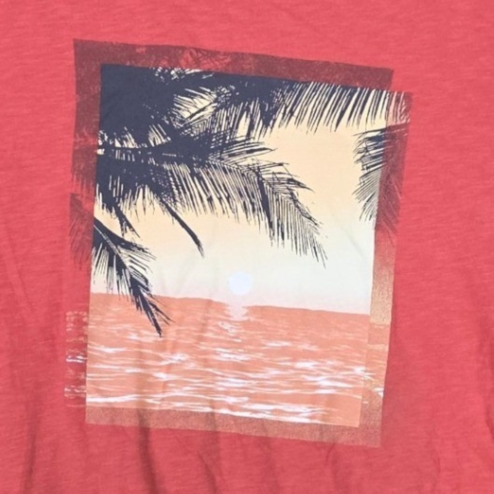 Secret Treasures Graphic Tee Womens L 12-14 Red Tropical Sunset Palm Tree Slub